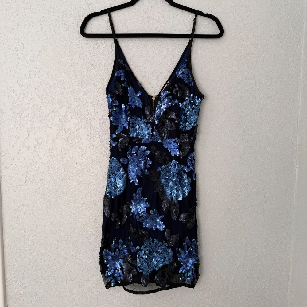 A-Peach Blue Black Sequin Floral Mini‎ Dress Navy Mesh V-Neck Bodycon Womens S